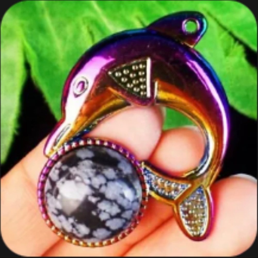Snowflake obsidian dolphin necklace